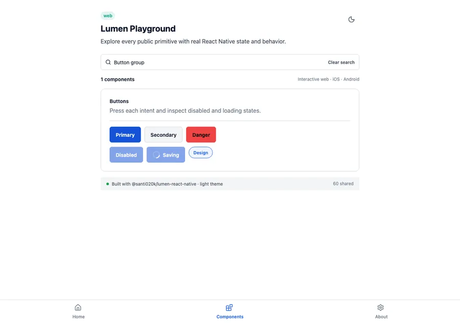 Button group rendered in the Expo web renderer Lumen playground