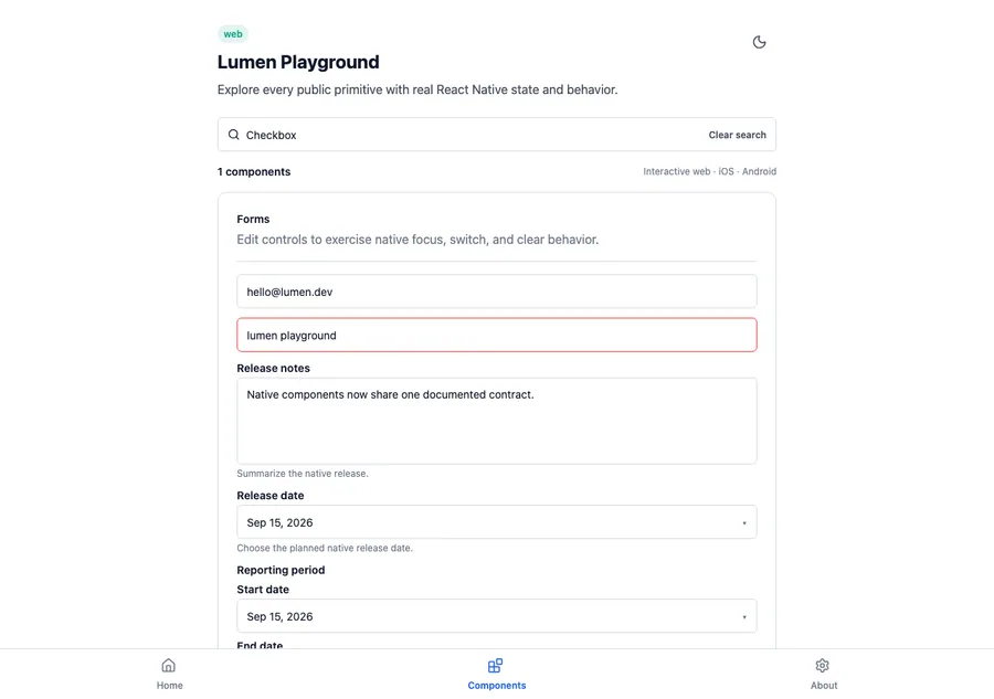 Checkbox rendered in the Expo web renderer Lumen playground