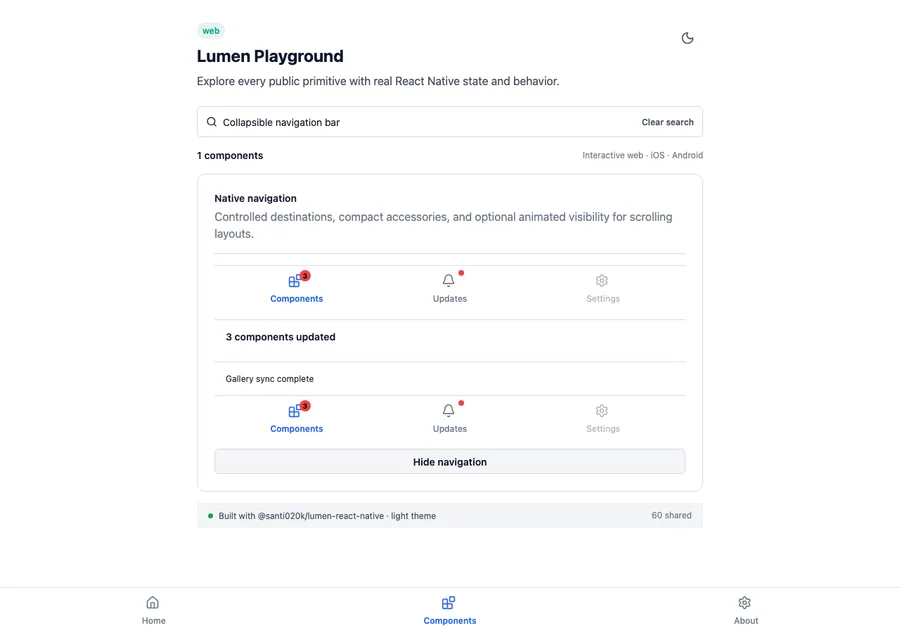 Collapsible navigation bar rendered in the Expo web renderer Lumen playground