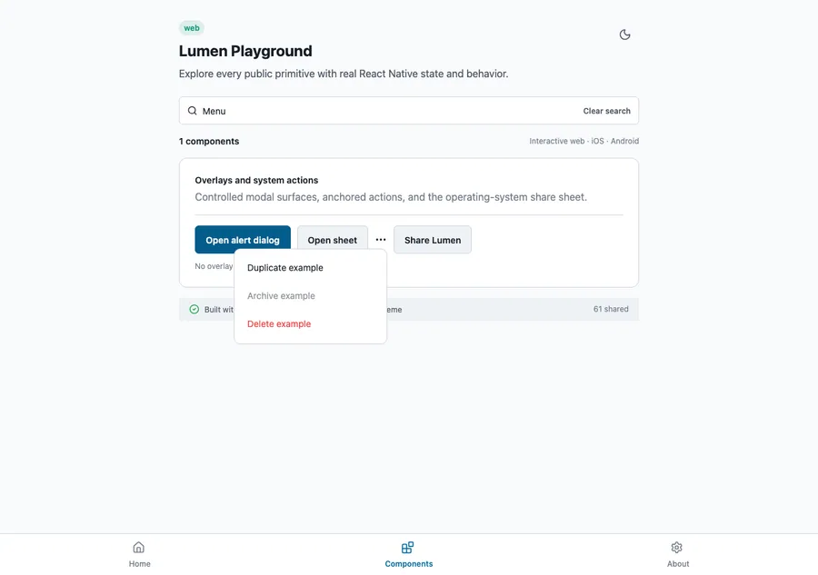 Menu rendered in the Expo web renderer Lumen playground