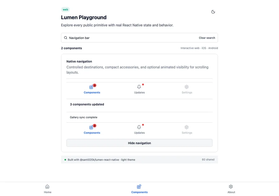 Navigation bar rendered in the Expo web renderer Lumen playground