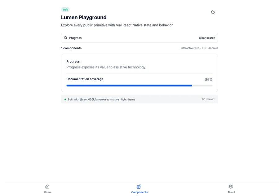 Progress rendered in the Expo web renderer Lumen playground