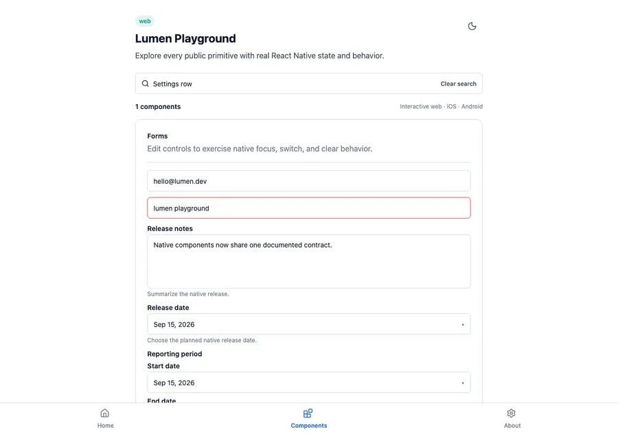 Settings row rendered in the Expo web renderer Lumen playground