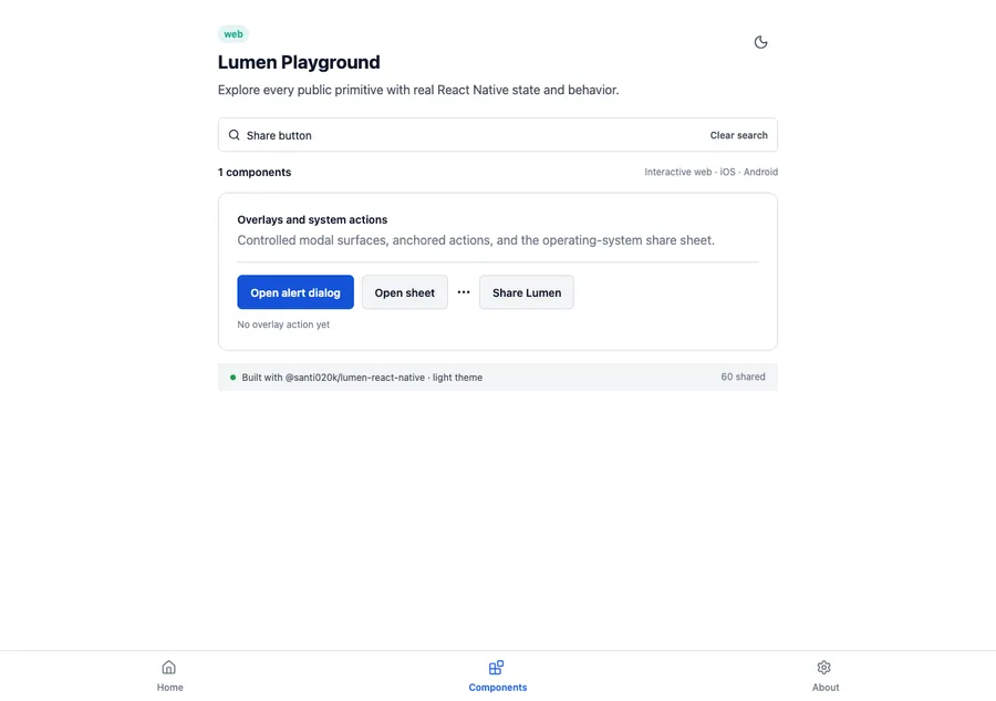 Share button rendered in the Expo web renderer Lumen playground