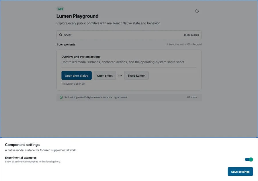 Sheet rendered in the Expo web renderer Lumen playground