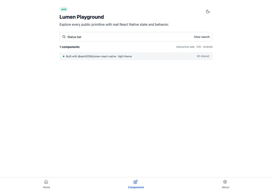Status bar rendered in the Expo web renderer Lumen playground