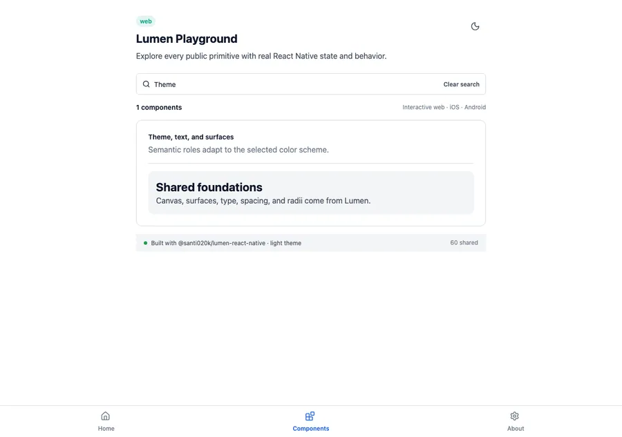 Theme rendered in the Expo web renderer Lumen playground