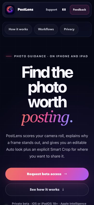 PostLens website on mobile